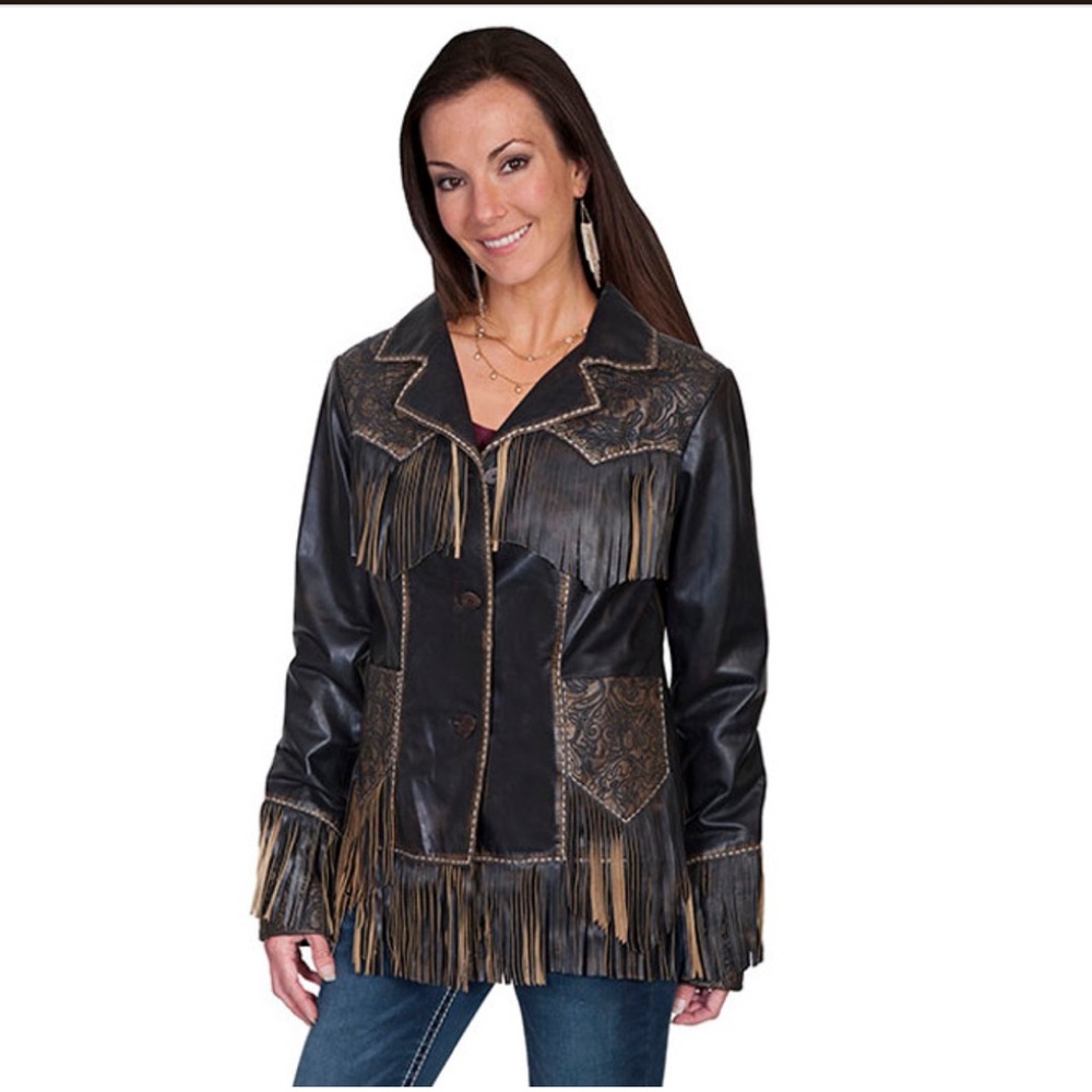 Scully Women’s Stitching Tooled Fringe western leather jacket